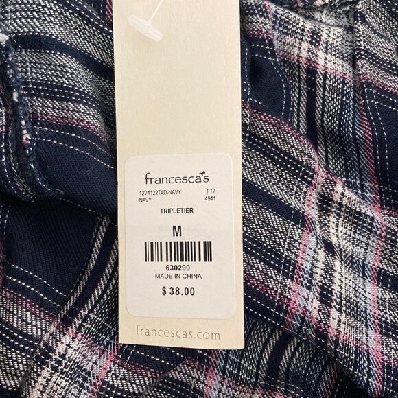 Francesca's Blue Rain Plaid Off Shoulder Ruffle Sleeve Blouse Navy Medium NWT - Picture 4 of 6